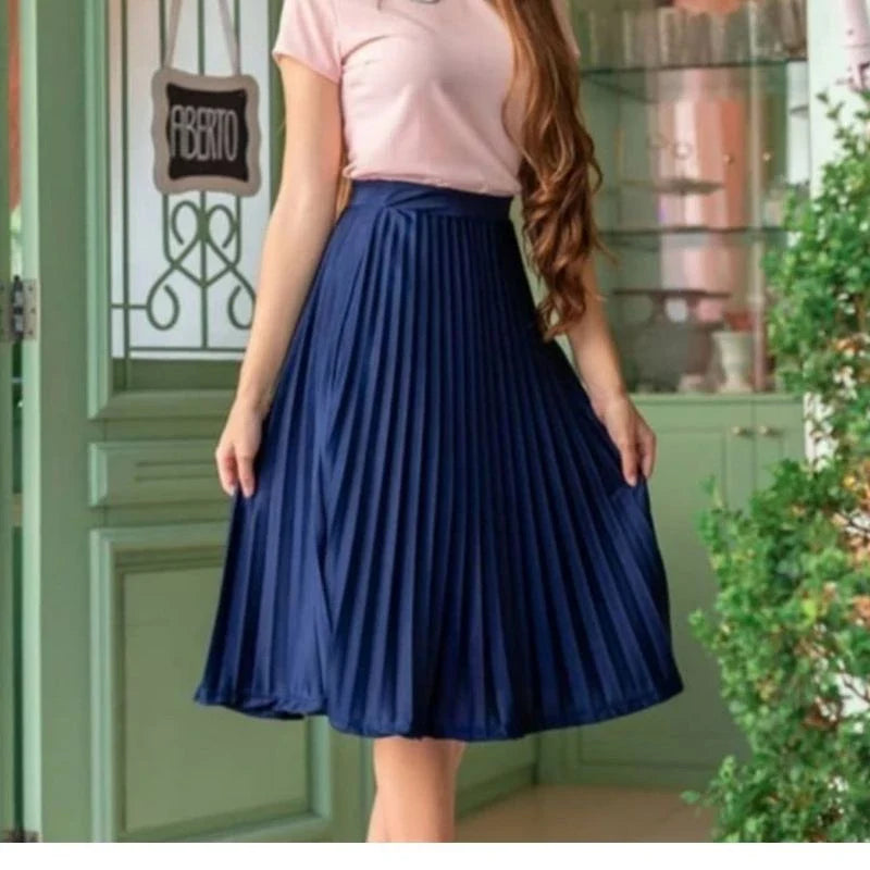 Saia Midi Plissada com Forro Cintura Alta