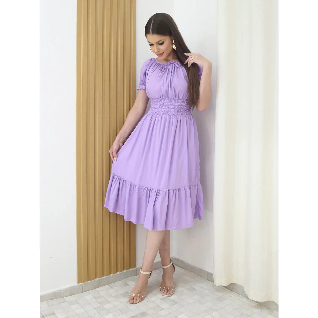 Vestido Midi Festa Evangélica com Elástico na Cintura - LILIN