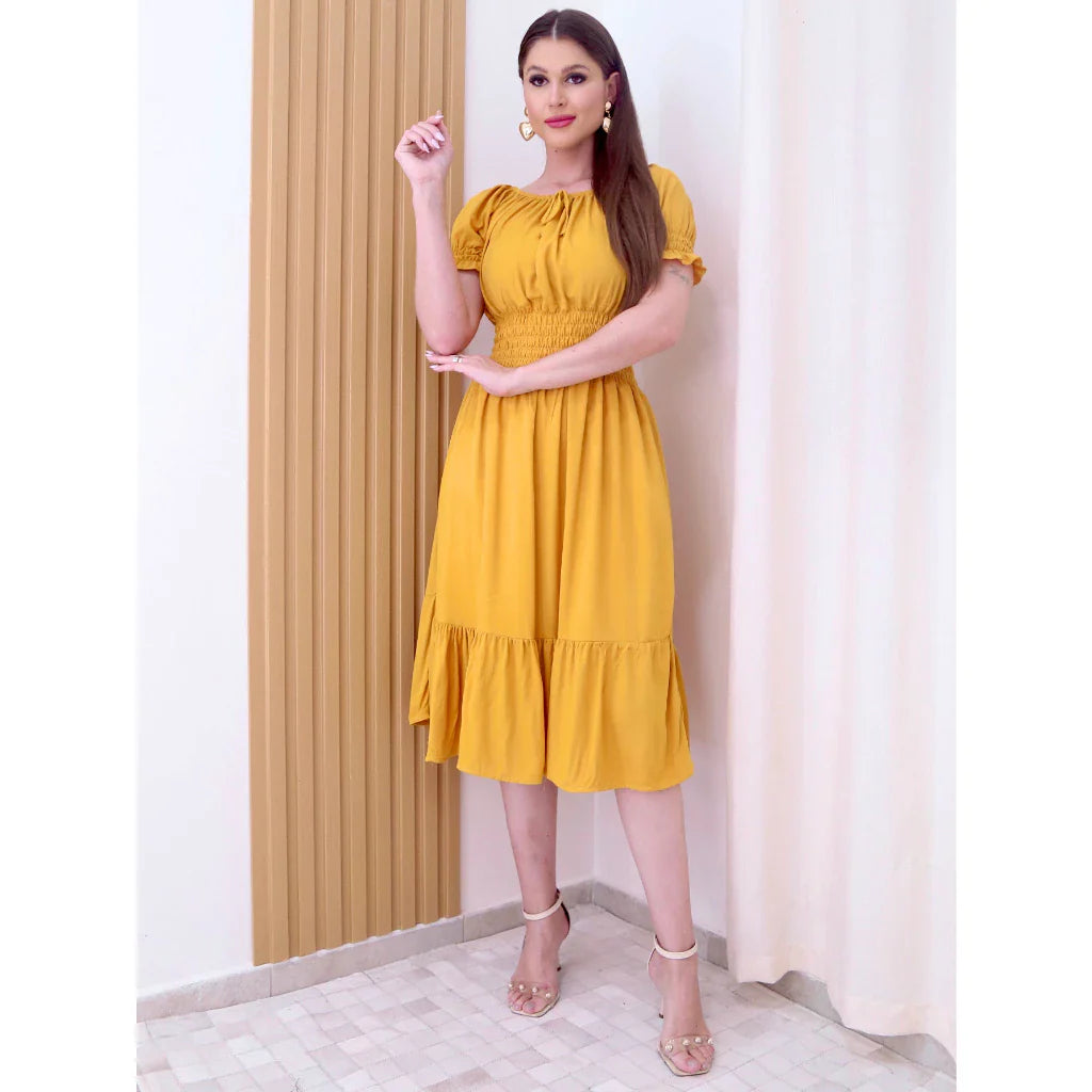 Vestido Midi Festa Evangélica com Elástico na Cintura - LILIN