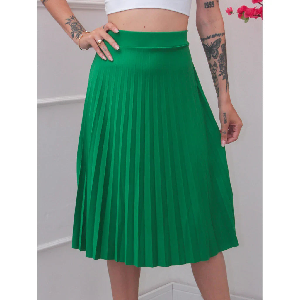 Saia Midi Plissada com Forro Cintura Alta